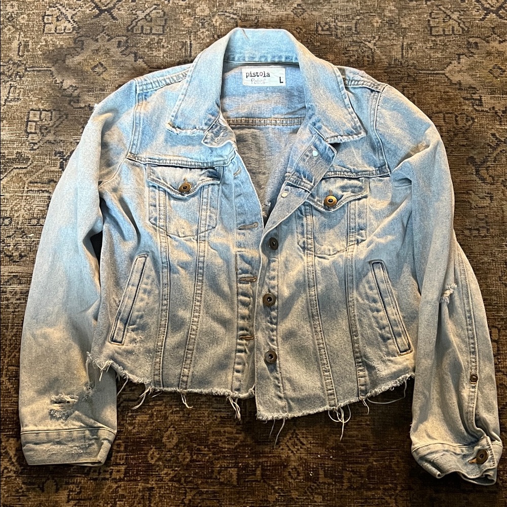 Pistola Faded Blue Distressed Denim Jacket Size Large